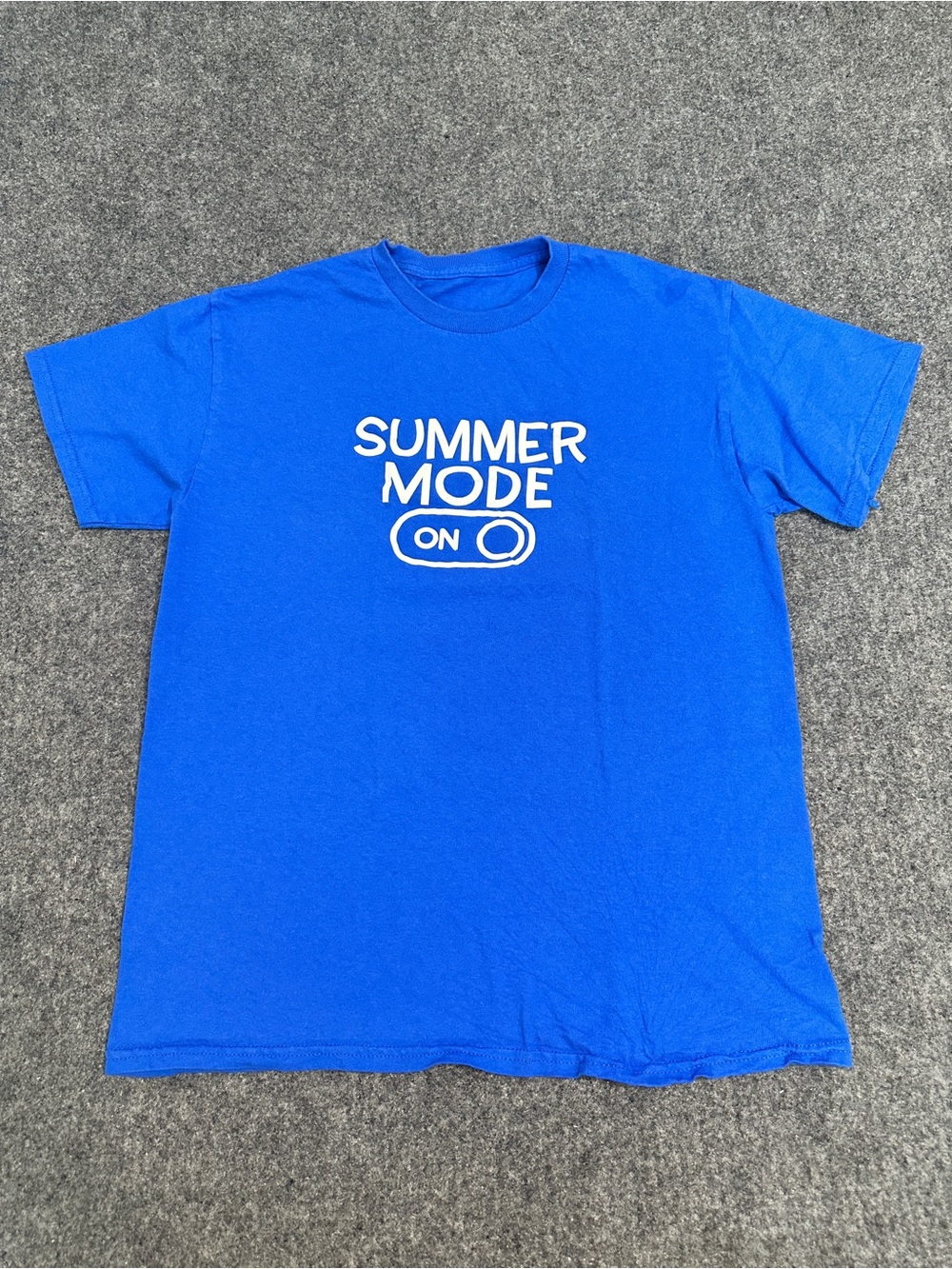 This is a royal blue short-sleeve t-shirt featuring a white "SUMMER MODE ON".